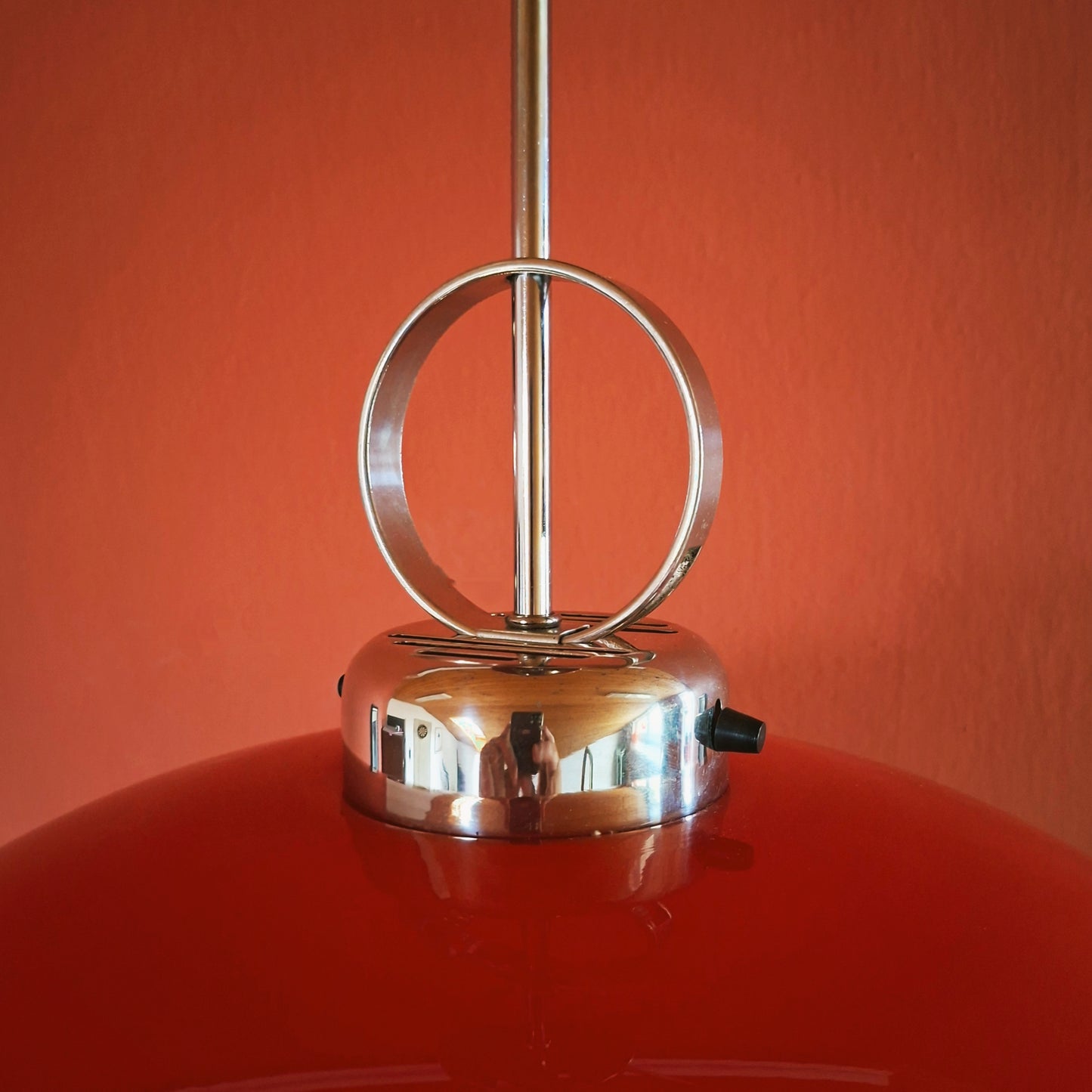 Large 1960s Red Opaline Glass Pendant Light w/ Space Age Chrome Fittings
