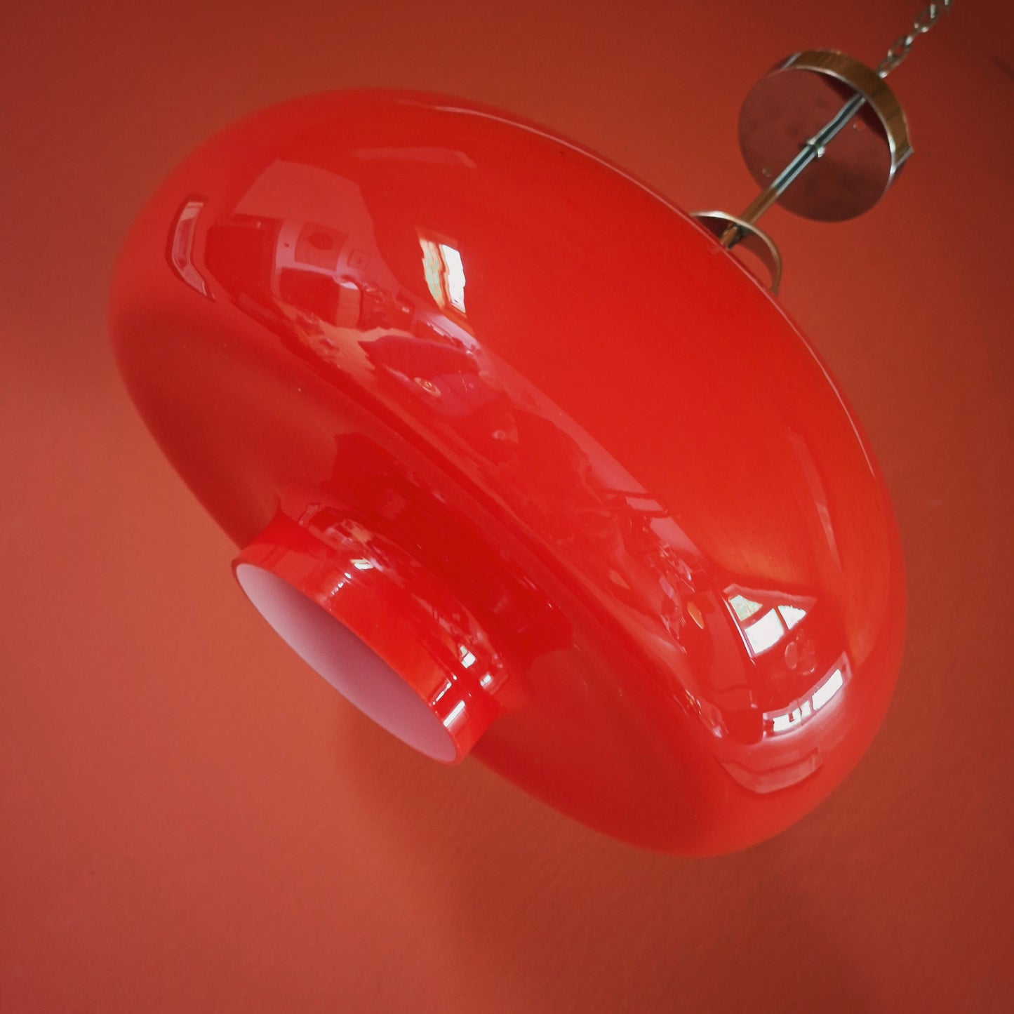 Large 1960s Red Opaline Glass Pendant Light w/ Space Age Chrome Fittings
