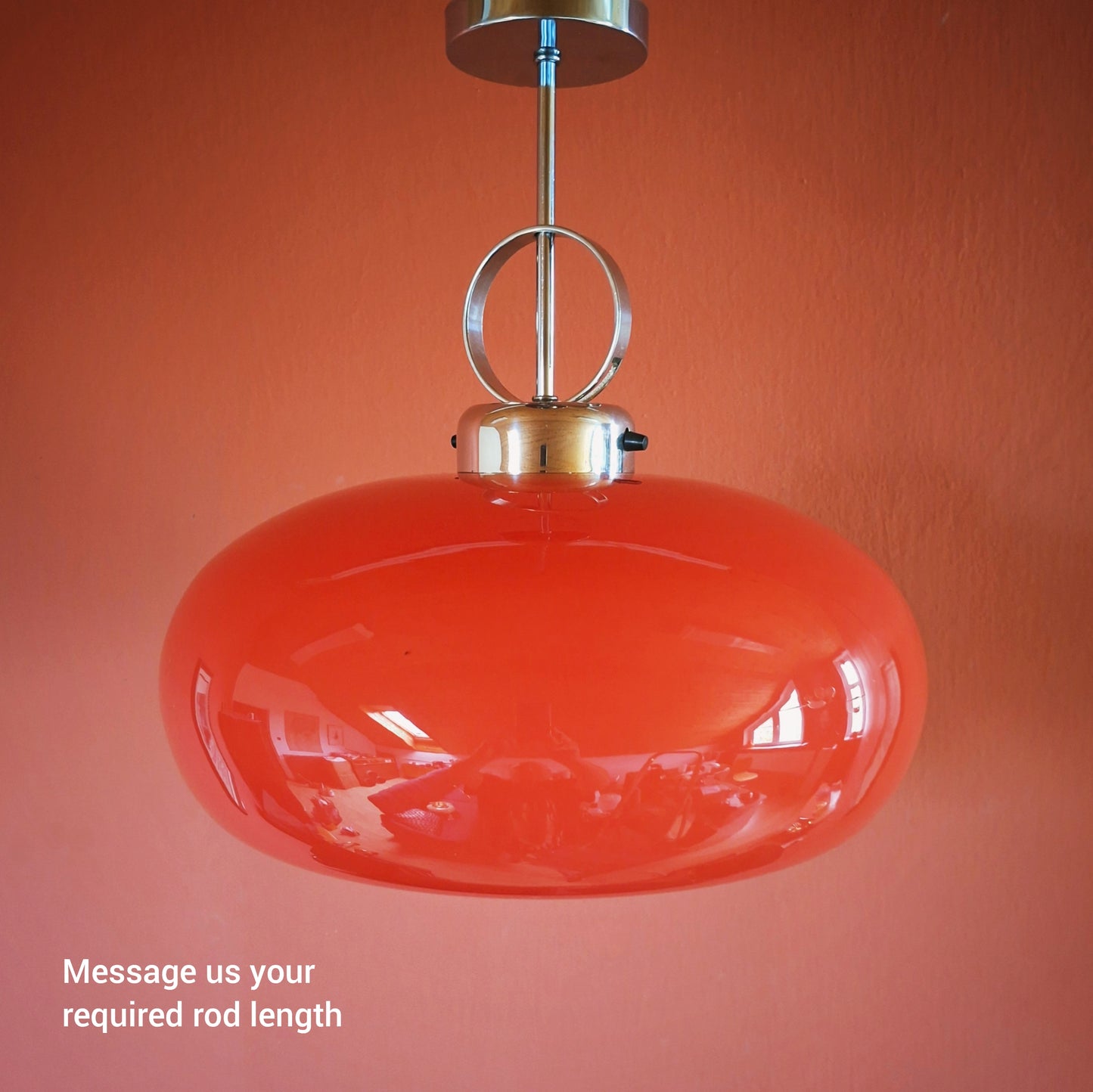 Large 1960s Red Opaline Glass Pendant Light w/ Space Age Chrome Fittings