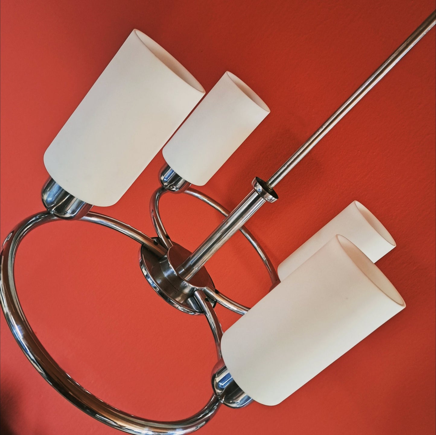 Large 1940s Art Deco Chrome Chandelier w/ Opaline Glass Shades