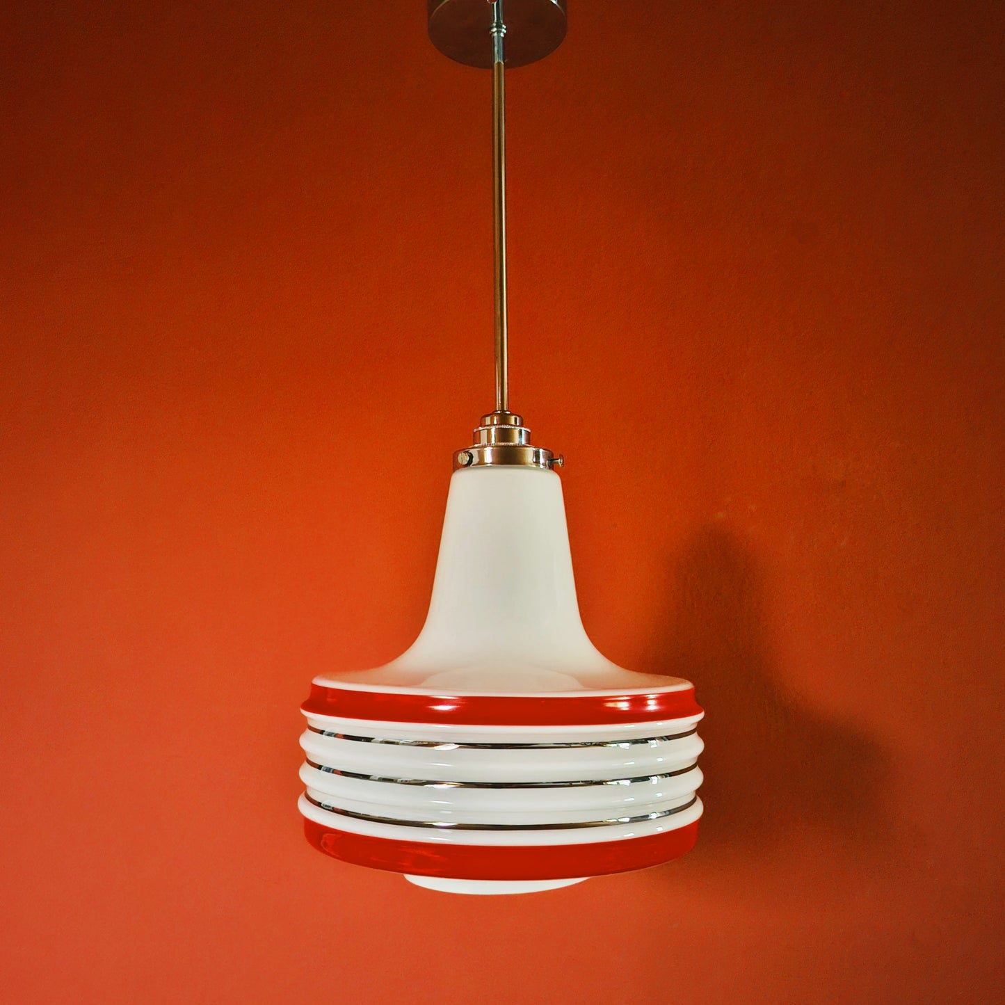 Vintage Opaline Red Striped Glass Pendant Light 1960s Retro Space Age Light