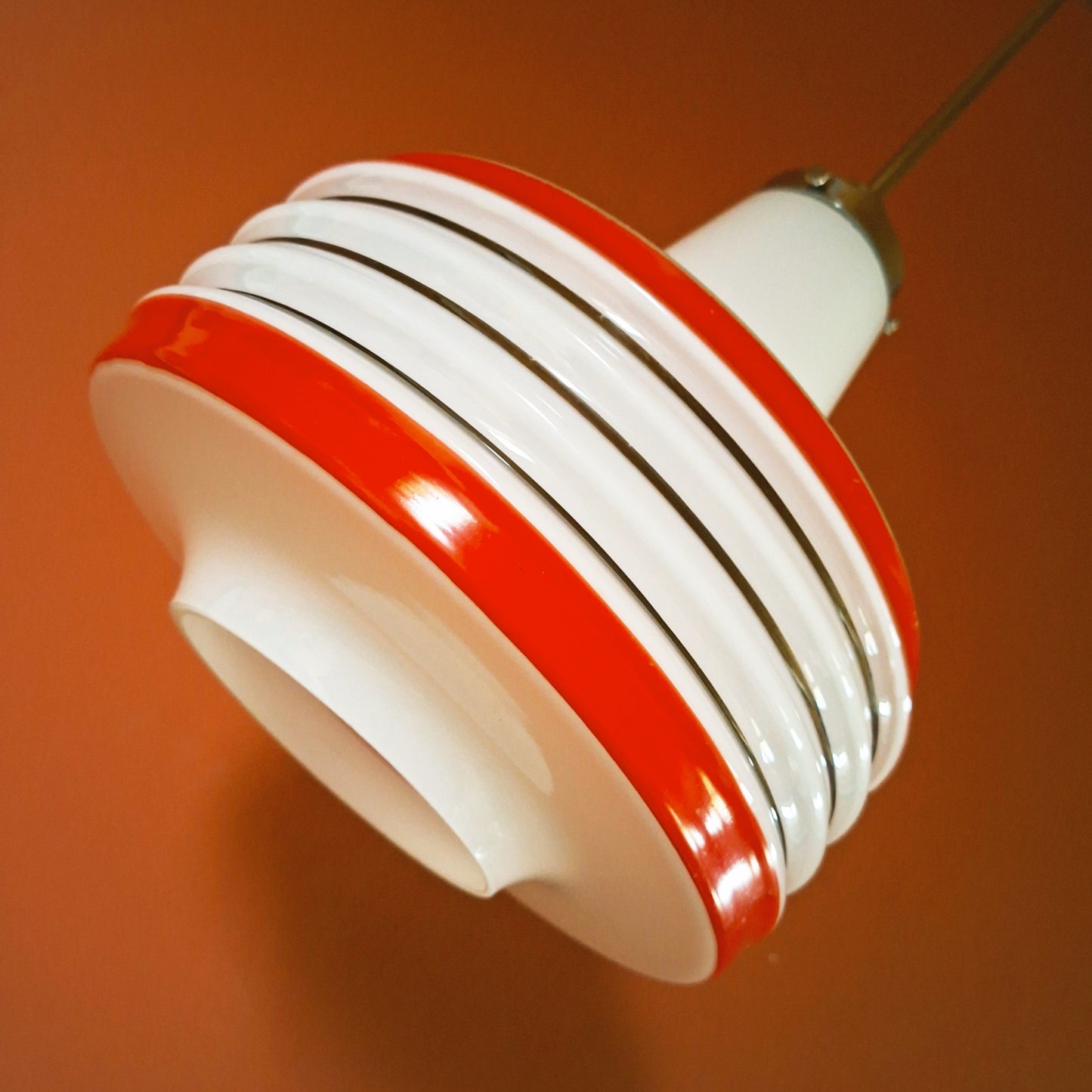 Vintage Opaline Red Striped Glass Pendant Light 1960s Retro Space Age Light