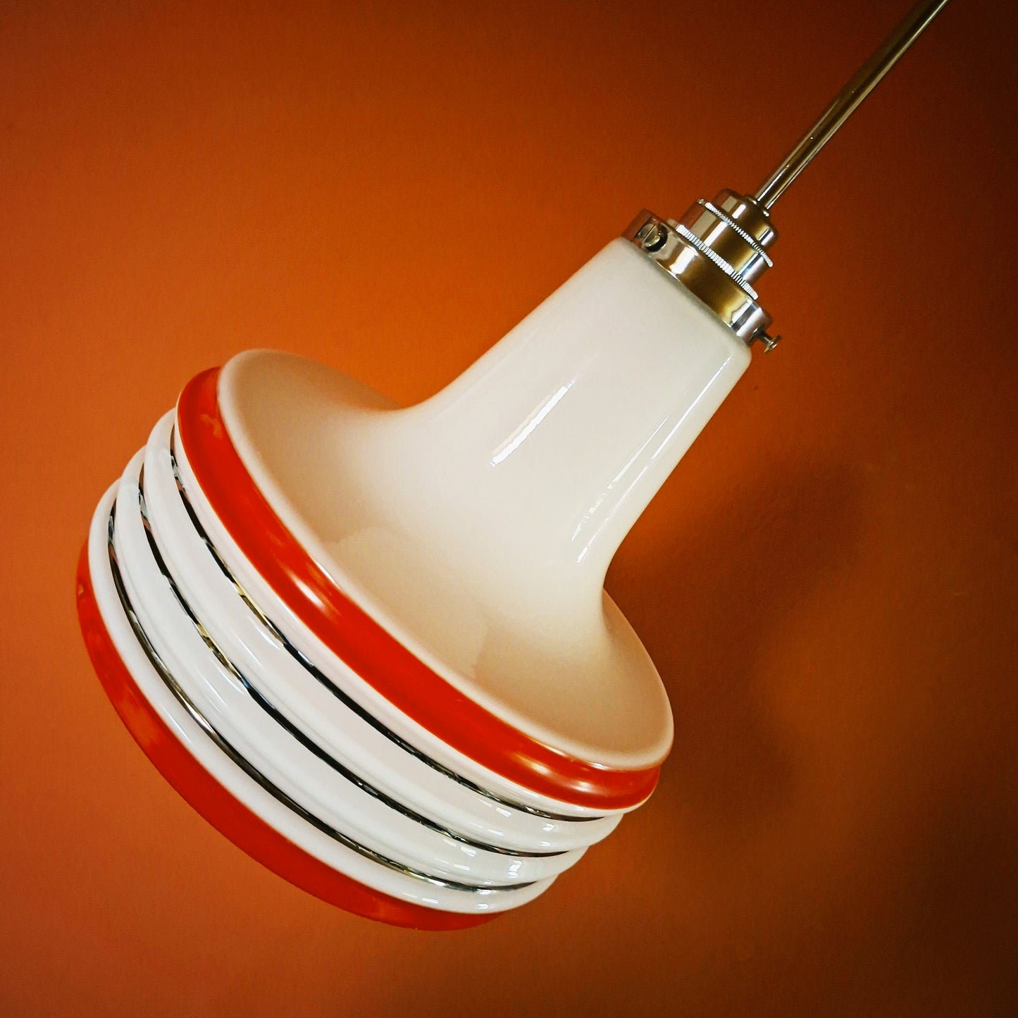 Vintage Opaline Red Striped Glass Pendant Light 1960s Retro Space Age Light