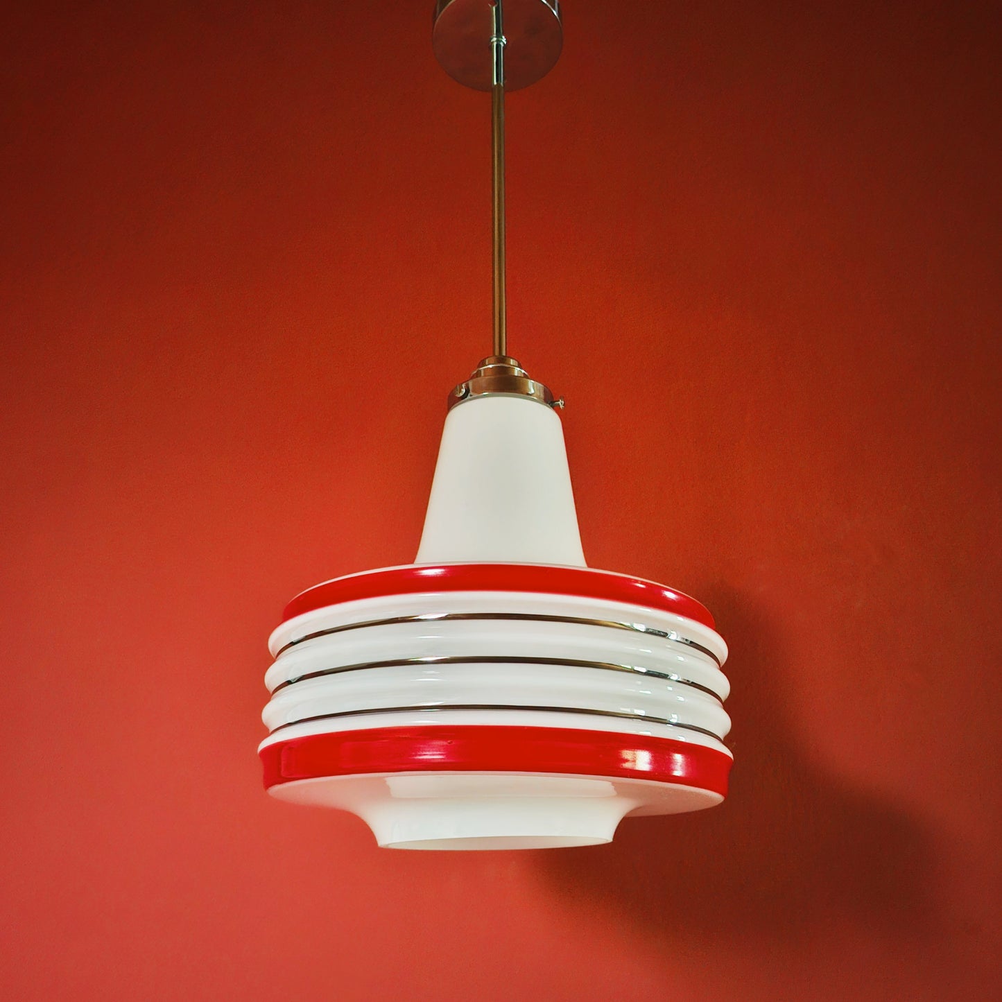 Vintage Opaline Red Striped Glass Pendant Light 1960s Retro Space Age Light