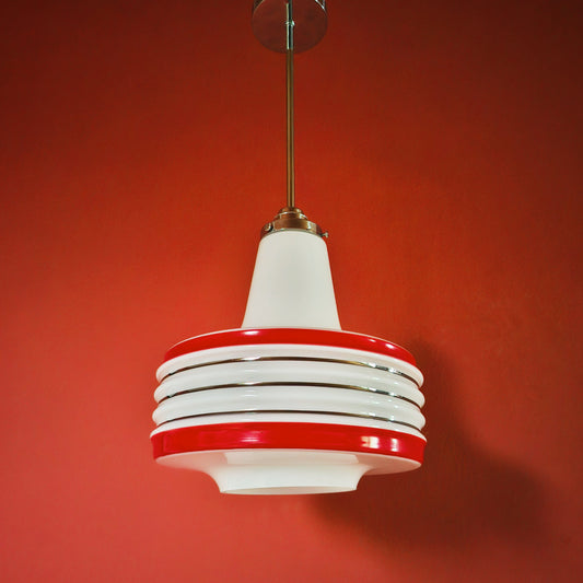 Vintage Opaline Red Striped Glass Pendant Light 1960s Retro Space Age Light