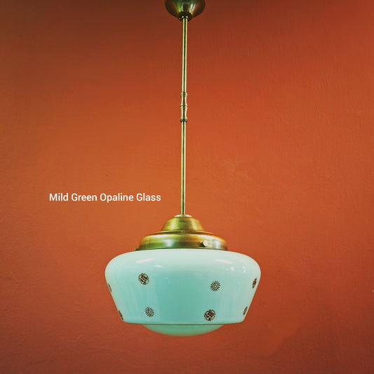Midcentury 1950s Green Opaline Glass Pendant Light with Brass