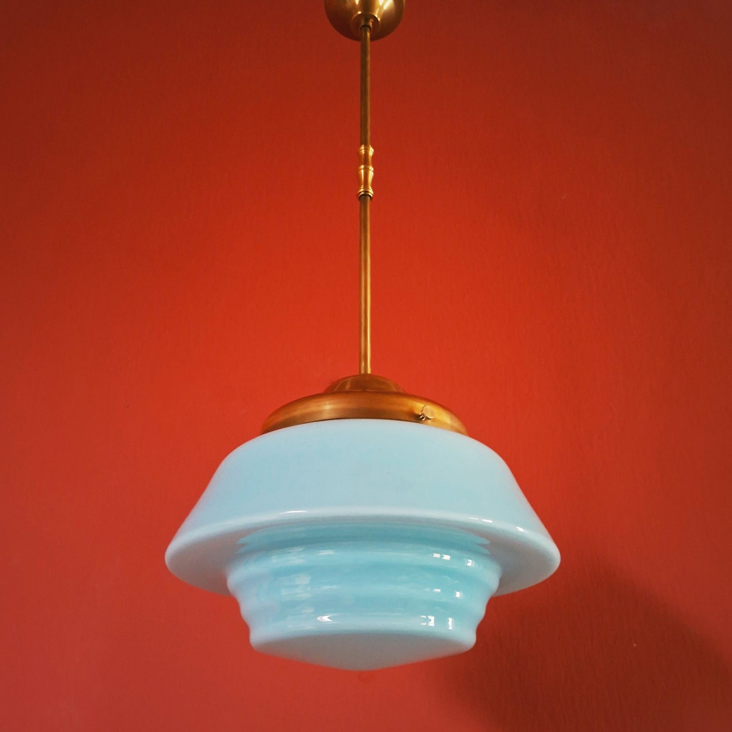Blue Opaline Glass Pendant Light with Brass Fittings
