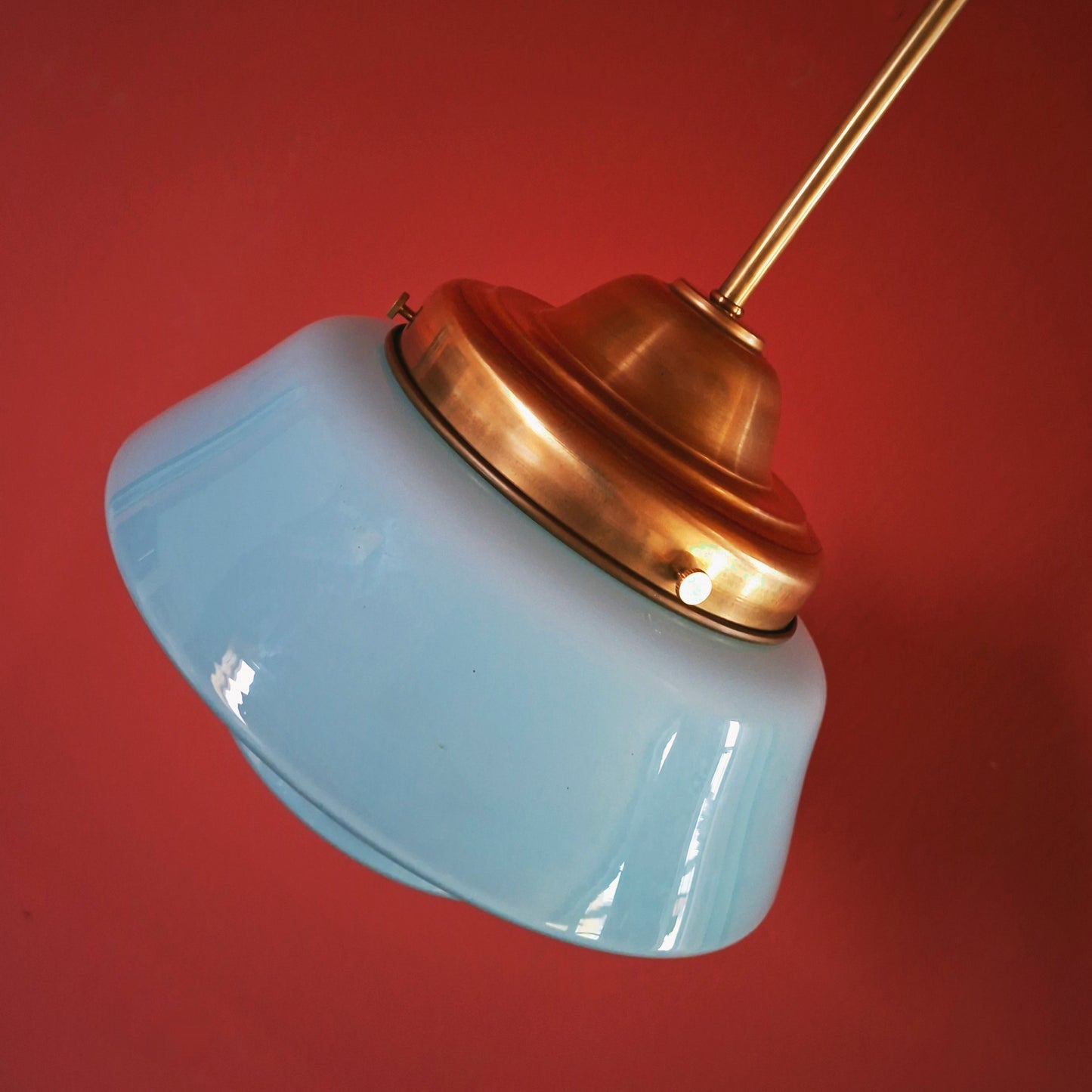 Blue Opaline Glass Pendant Light with Brass Fittings
