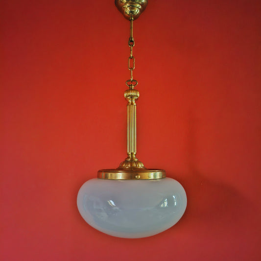 Large Mid Century Venetian Opaline Glass Brass Ceiling Light