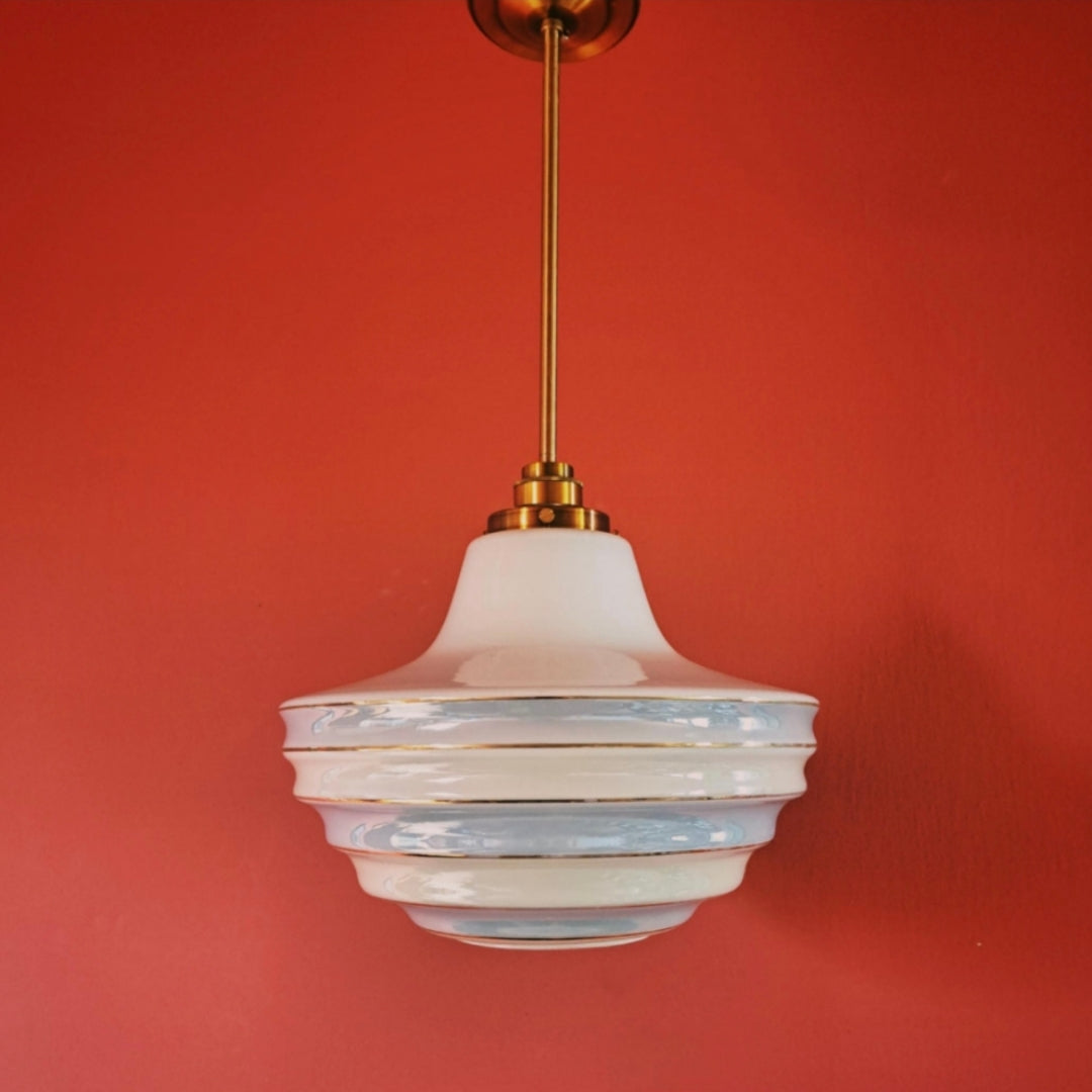Opaline Glass Pendant Light Blue Stripes and Brass Fittings
