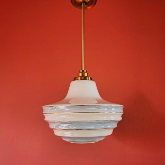 Opaline Glass Pendant Light Blue Stripes and Brass Fittings