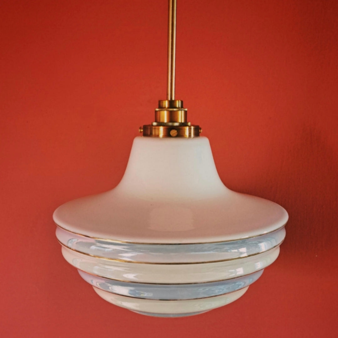 Opaline Glass Pendant Light Blue Stripes and Brass Fittings