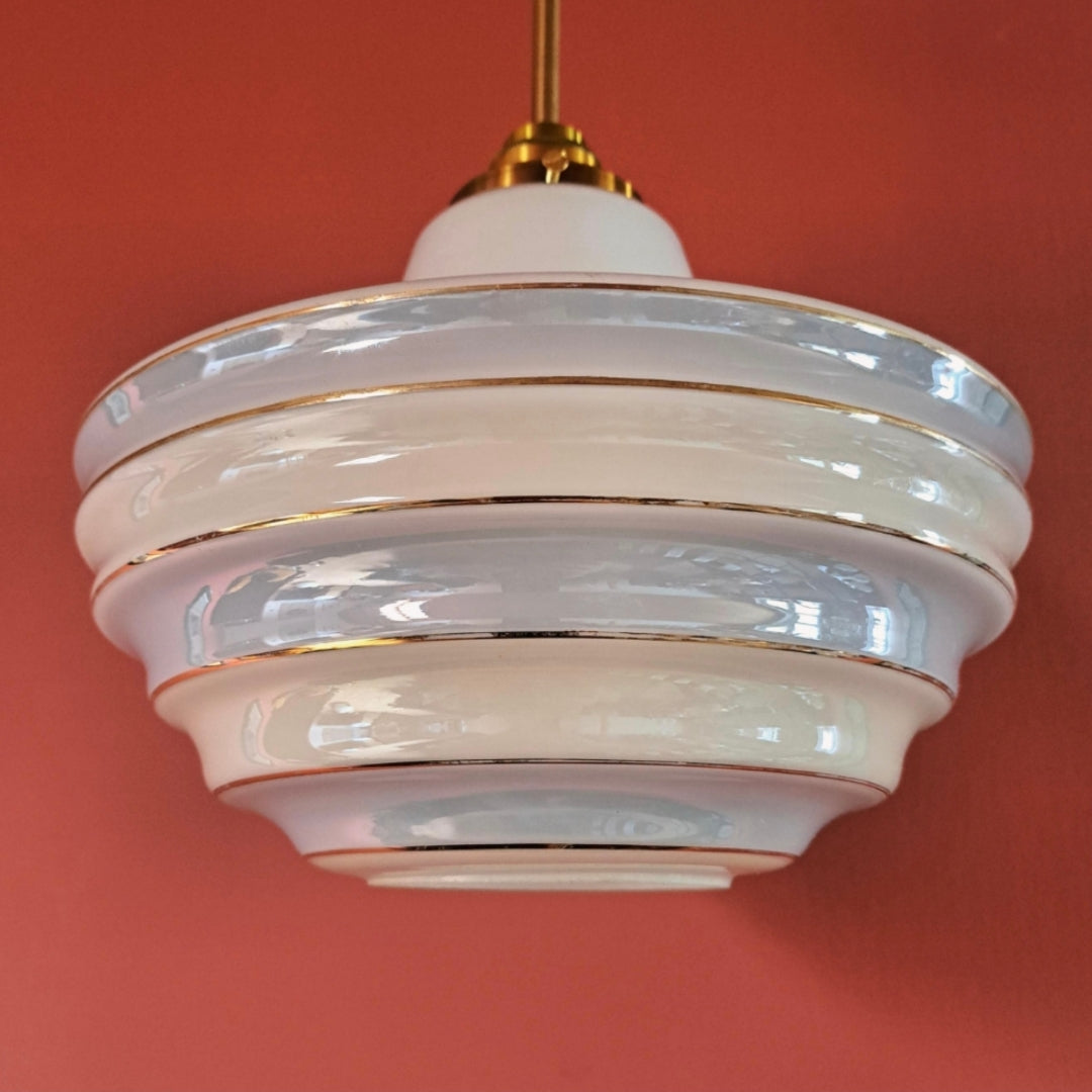 Opaline Glass Pendant Light Blue Stripes and Brass Fittings