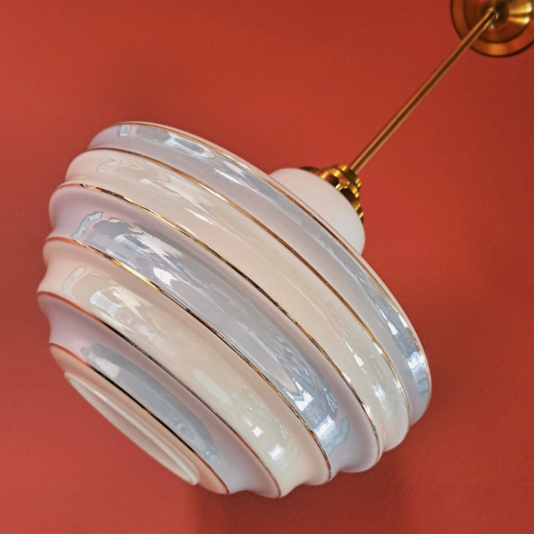 Opaline Glass Pendant Light Blue Stripes and Brass Fittings