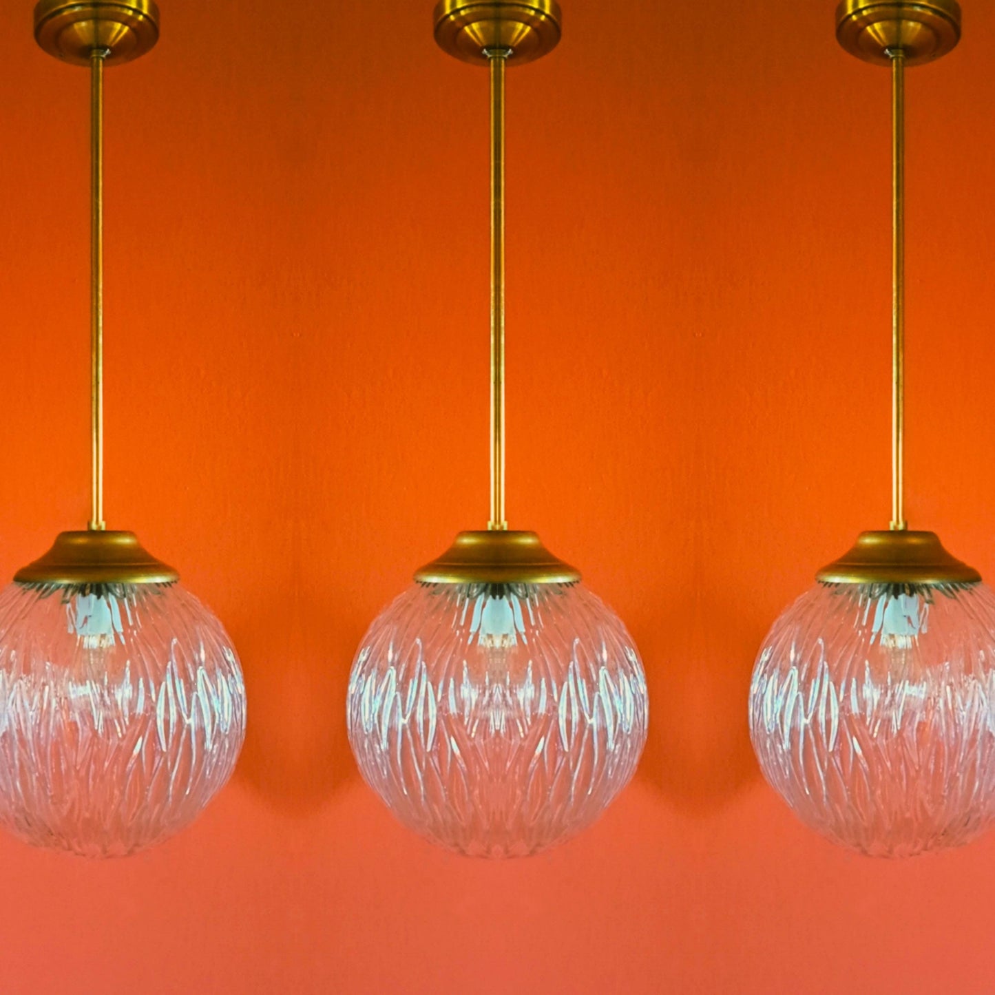 3 x Mid Century Glass Brass Globe Pendant Lights