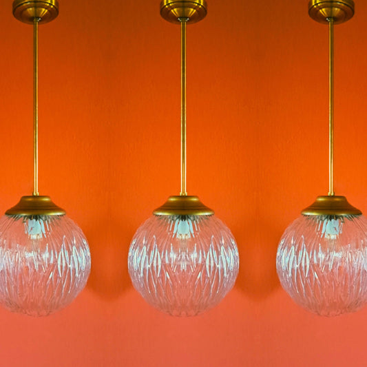3 x Mid Century Glass Brass Globe Pendant Lights
