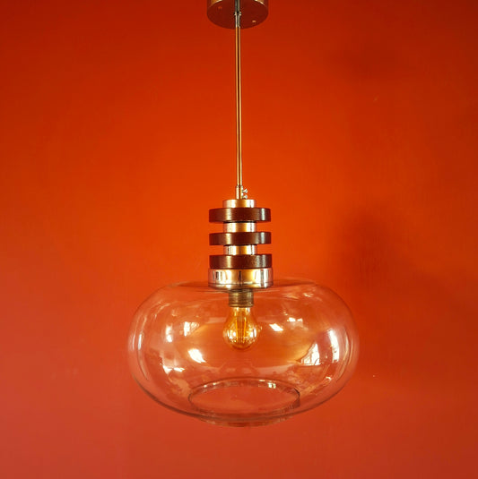 Mid Century Space Age Wood & Clear Glass Pendant Light