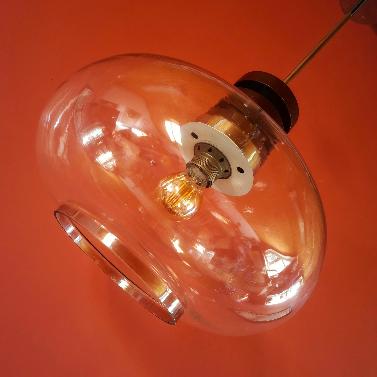 Mid Century Space Age Wood & Clear Glass Pendant Light