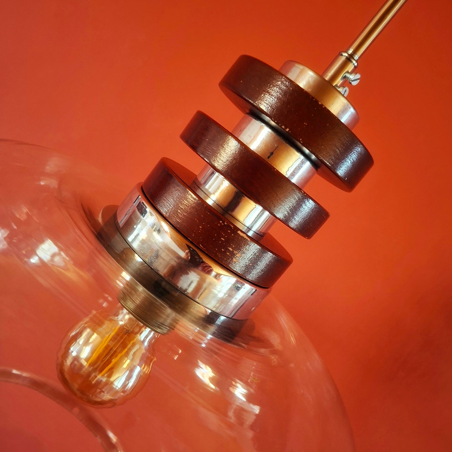 Mid Century Space Age Wood & Clear Glass Pendant Light