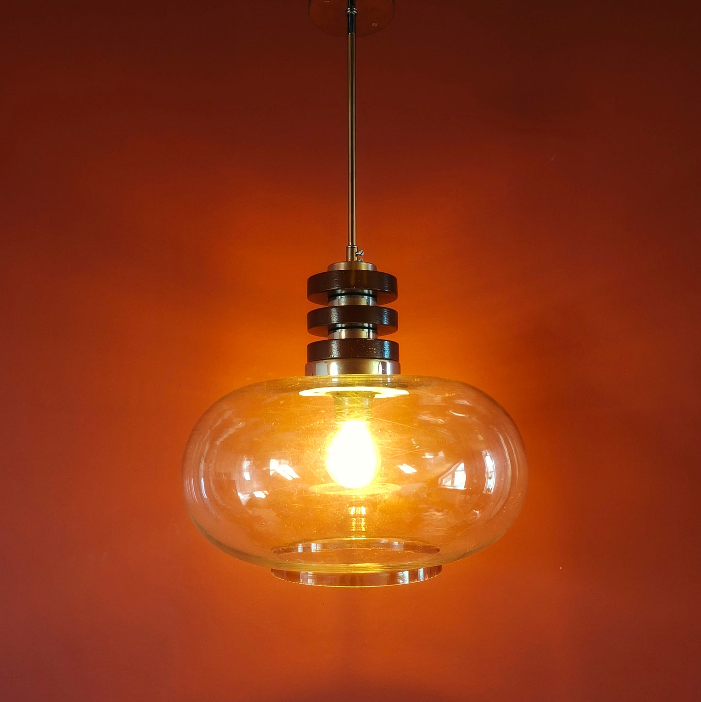 Mid Century Space Age Wood & Clear Glass Pendant Light