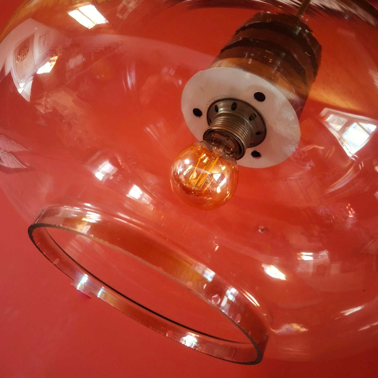 Mid Century Space Age Wood & Clear Glass Pendant Light