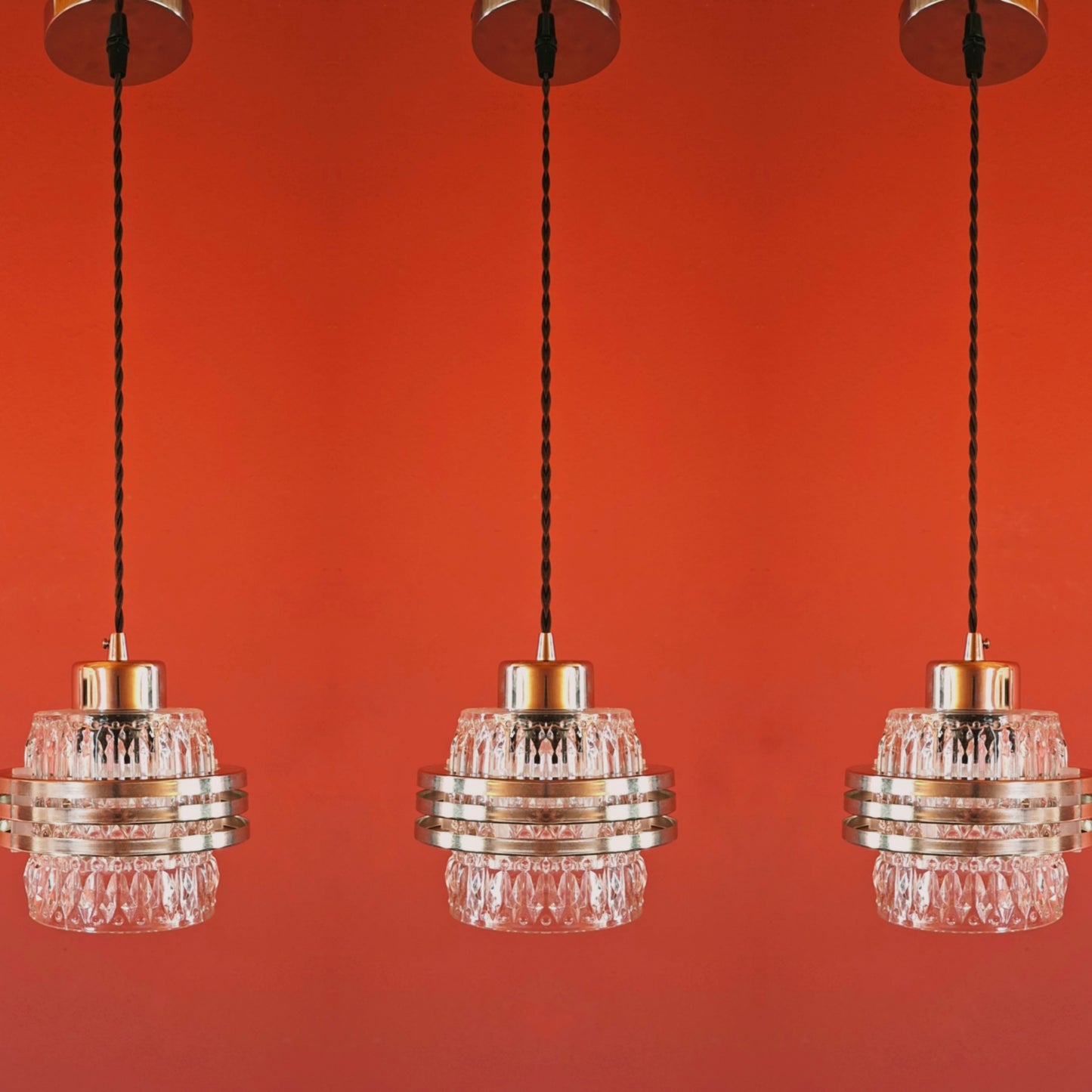Mid Century Glass Chrome Space Age Pendant Lights MULTIPLES AVAILABLE