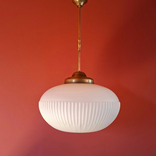 Large Mid Century White Reeded Opaline Glass Pendant Ceiling Light