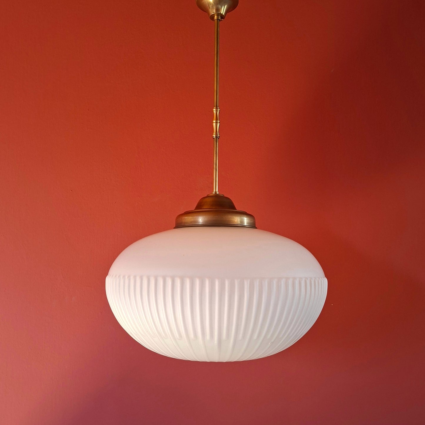 Large Mid Century White Reeded Opaline Glass Pendant Ceiling Light