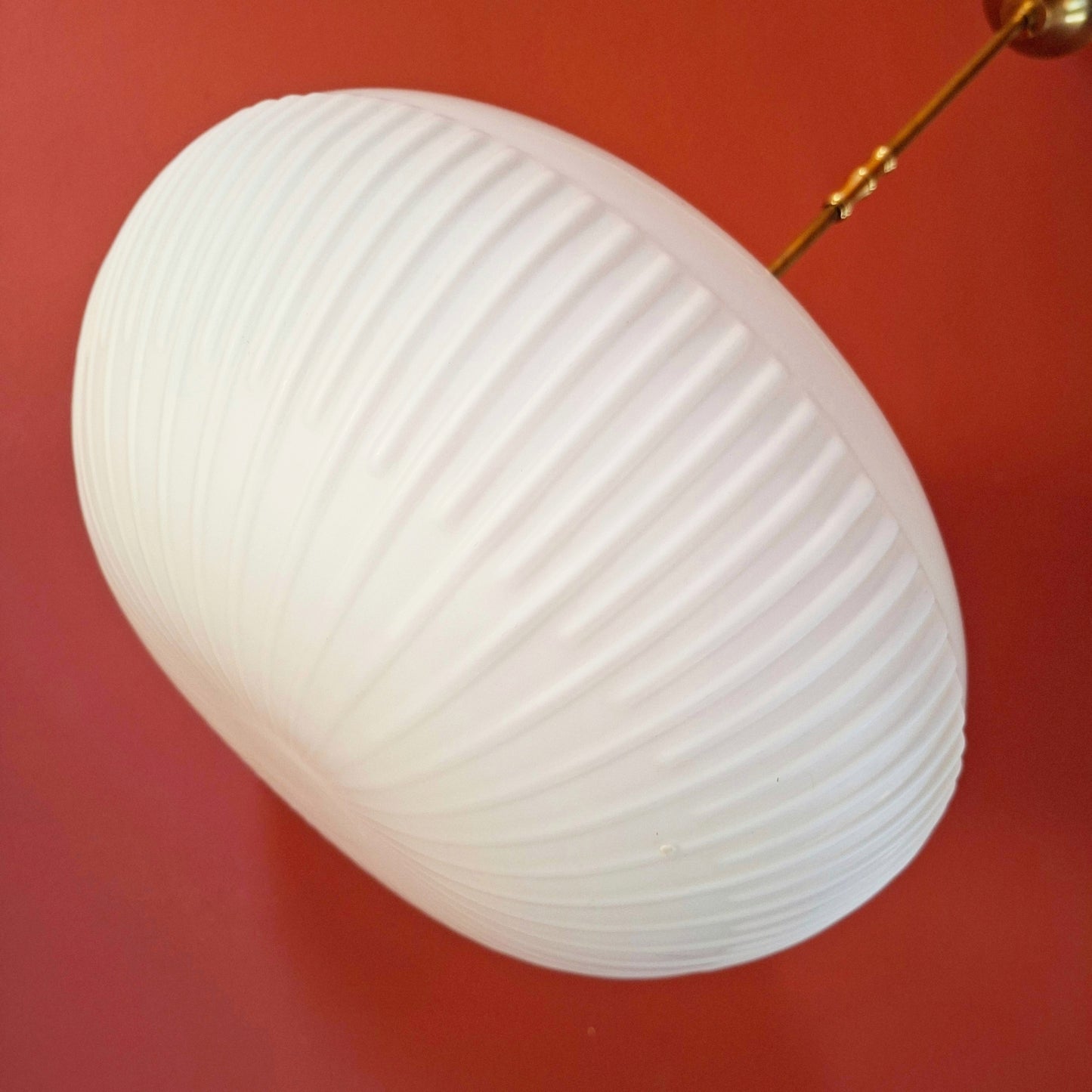 Large Mid Century White Reeded Opaline Glass Pendant Ceiling Light