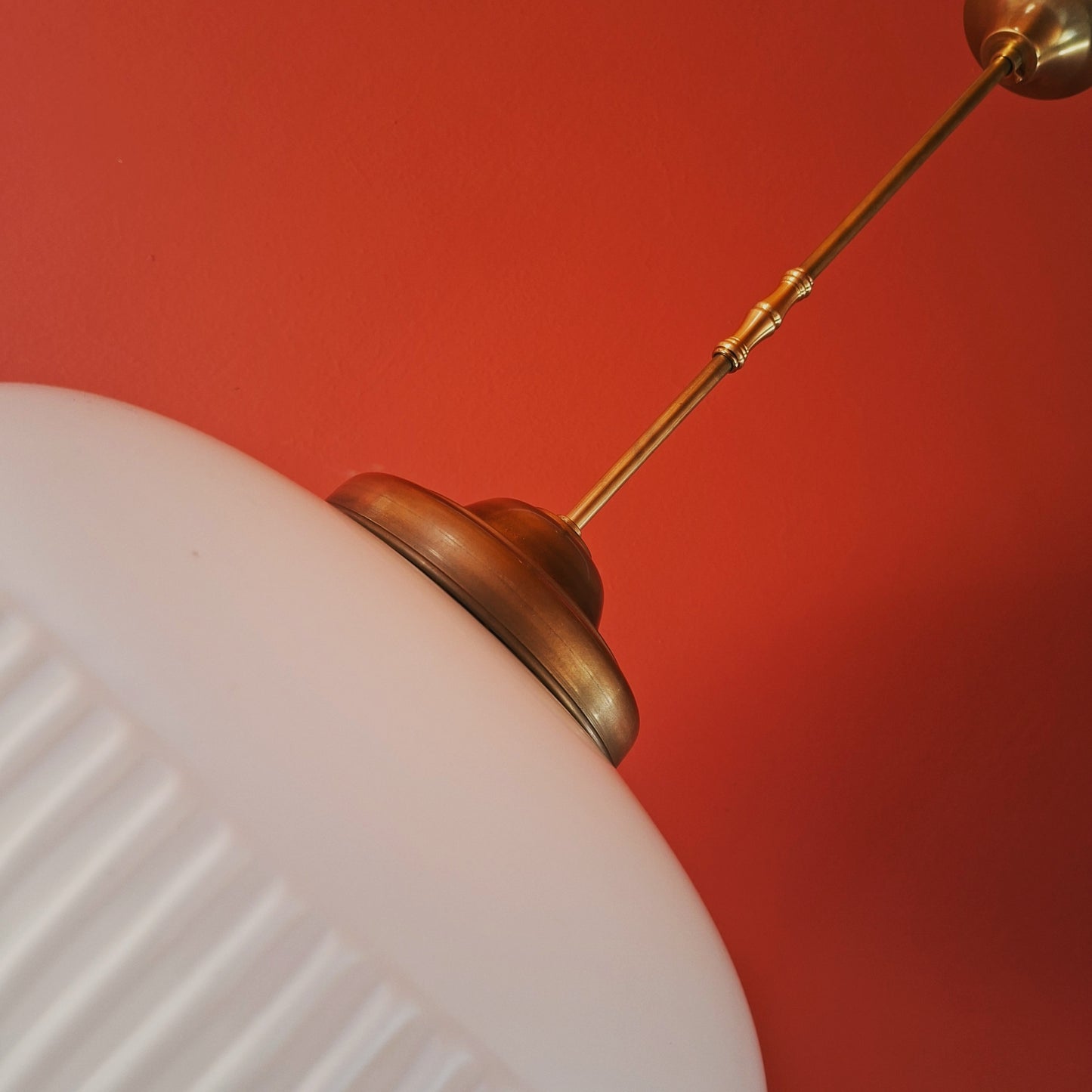 Large Mid Century White Reeded Opaline Glass Pendant Ceiling Light