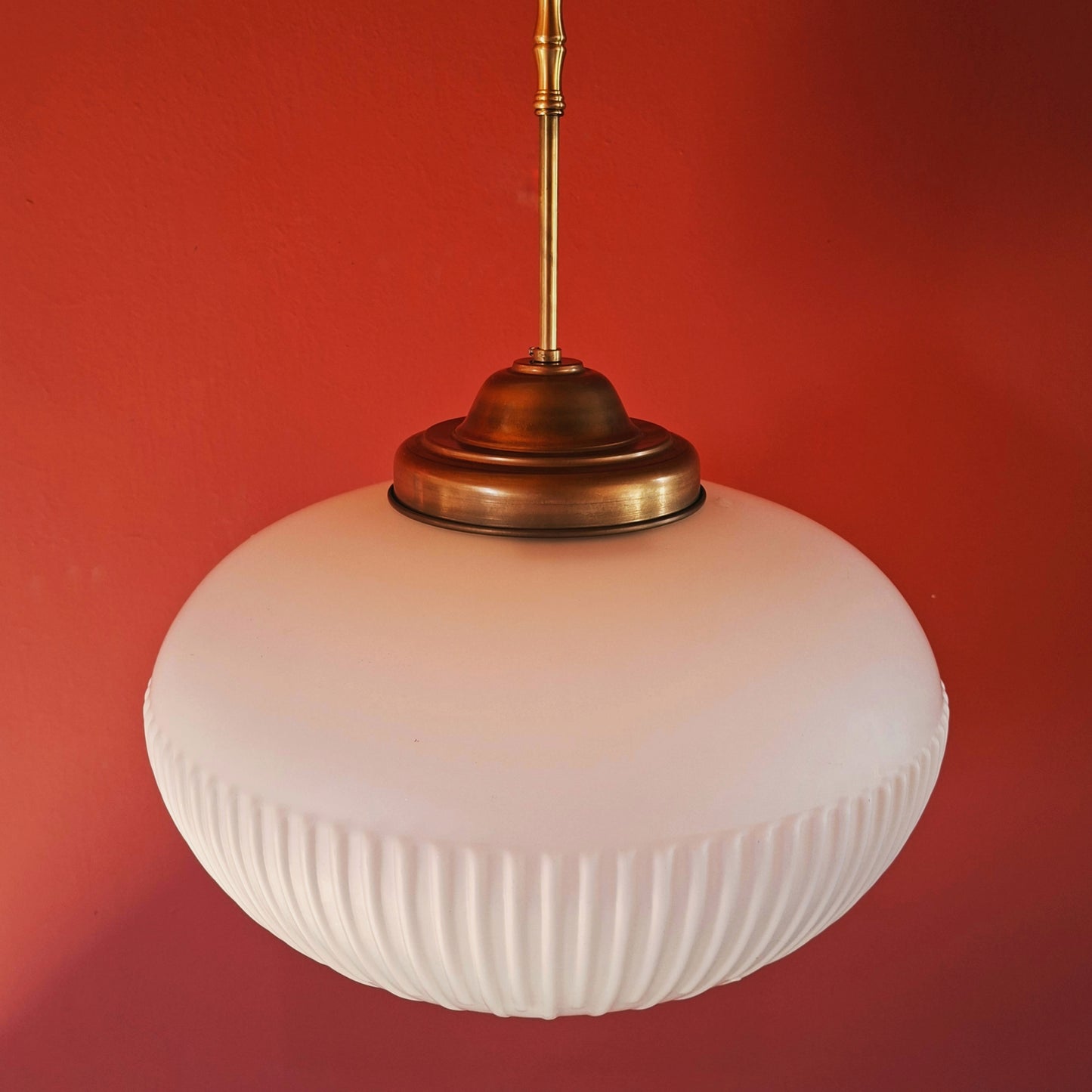 Large Mid Century White Reeded Opaline Glass Pendant Ceiling Light
