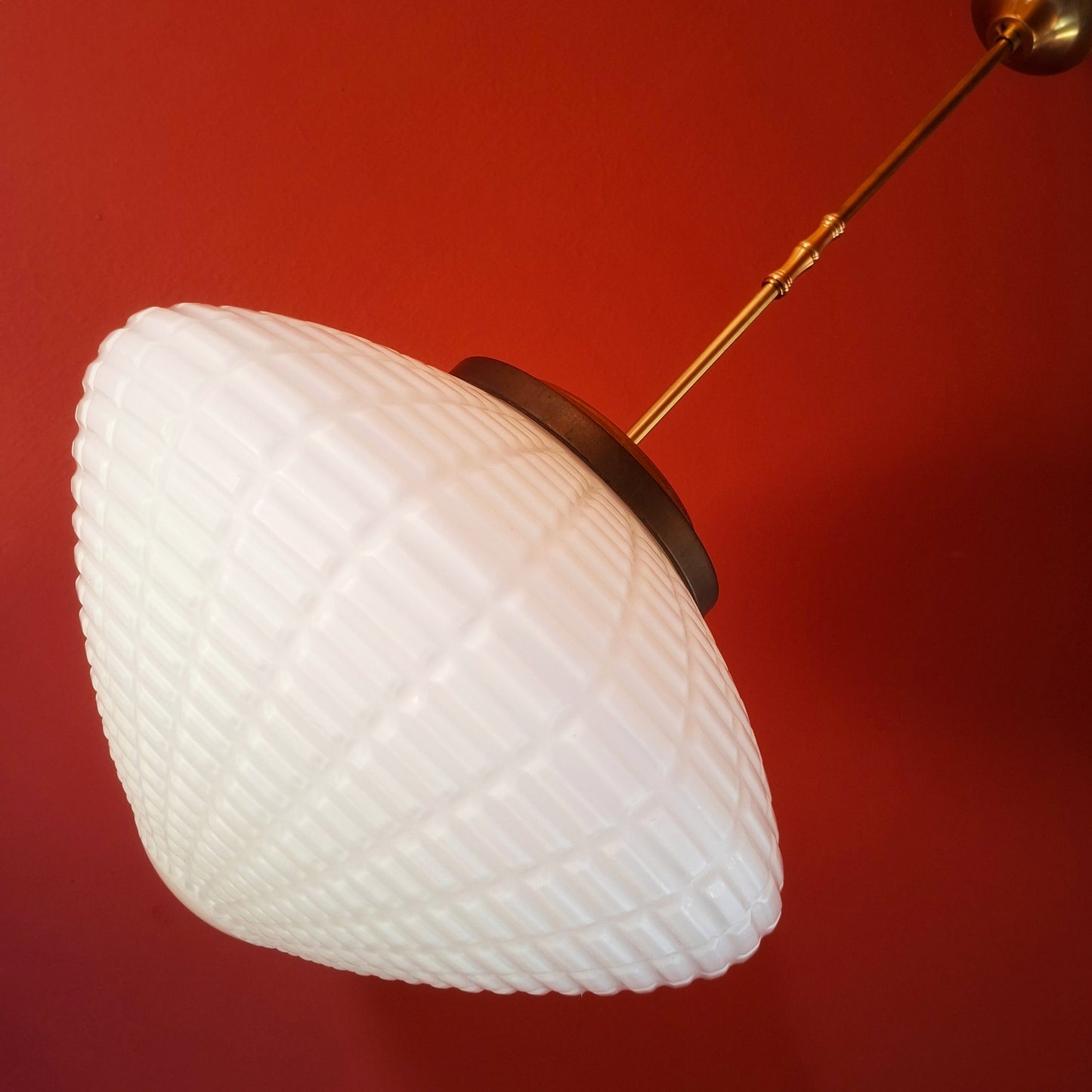 Large Vintage Brass Opaline Milk Glass Pendant Light Brass