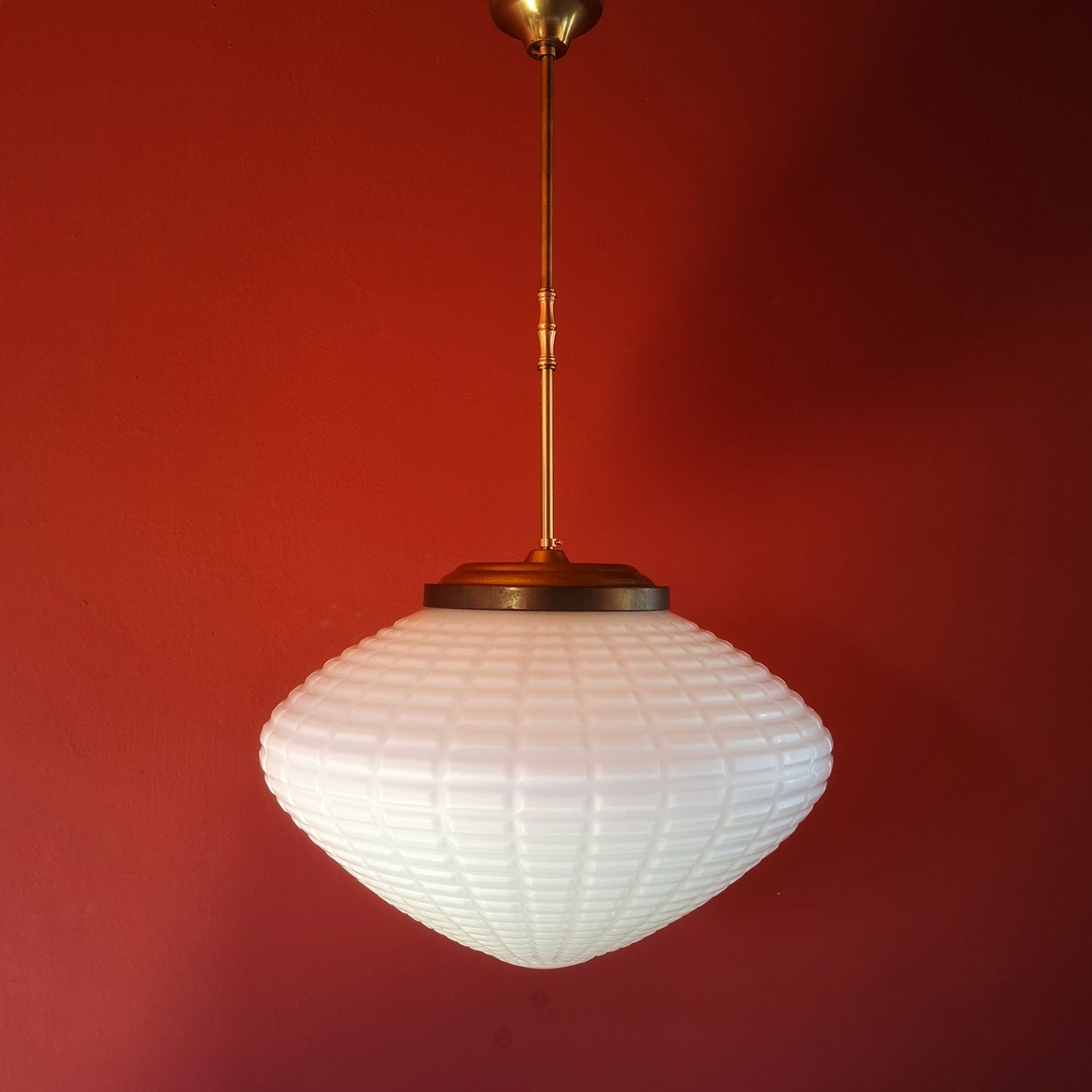 Large Vintage Brass Opaline Milk Glass Pendant Light Brass