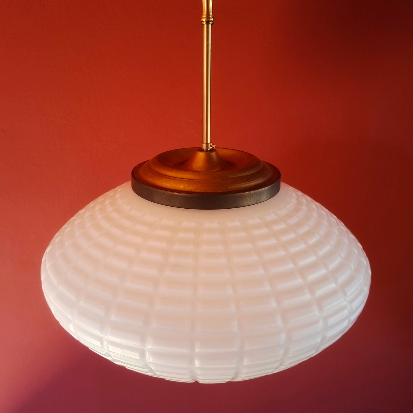Large Vintage Brass Opaline Milk Glass Pendant Light Brass