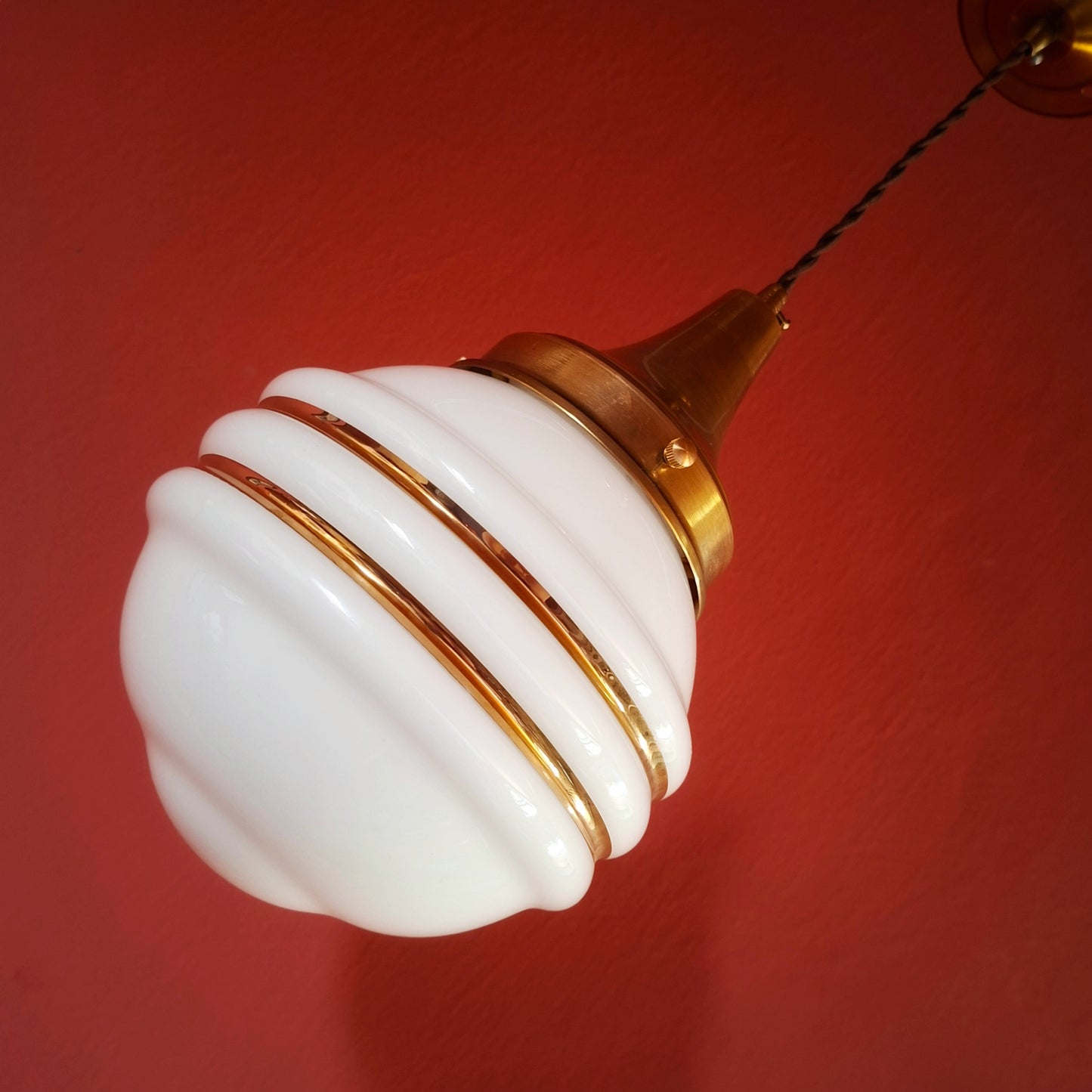 Mid Century Brass Pendant Ceiling Lights Gold Striped Opaline Glass Globes MULTIPLES AVAILABLE