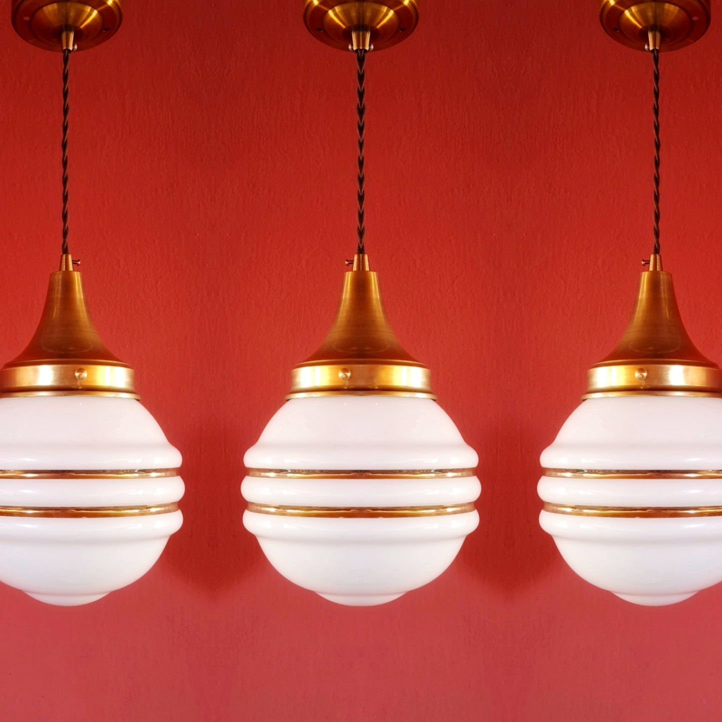 Mid Century Brass Pendant Ceiling Lights Gold Striped Opaline Glass Globes MULTIPLES AVAILABLE