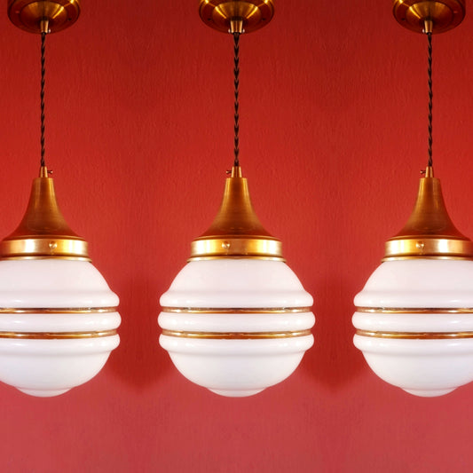 Mid Century Brass Pendant Ceiling Lights Gold Striped Opaline Glass Globes MULTIPLES AVAILABLE
