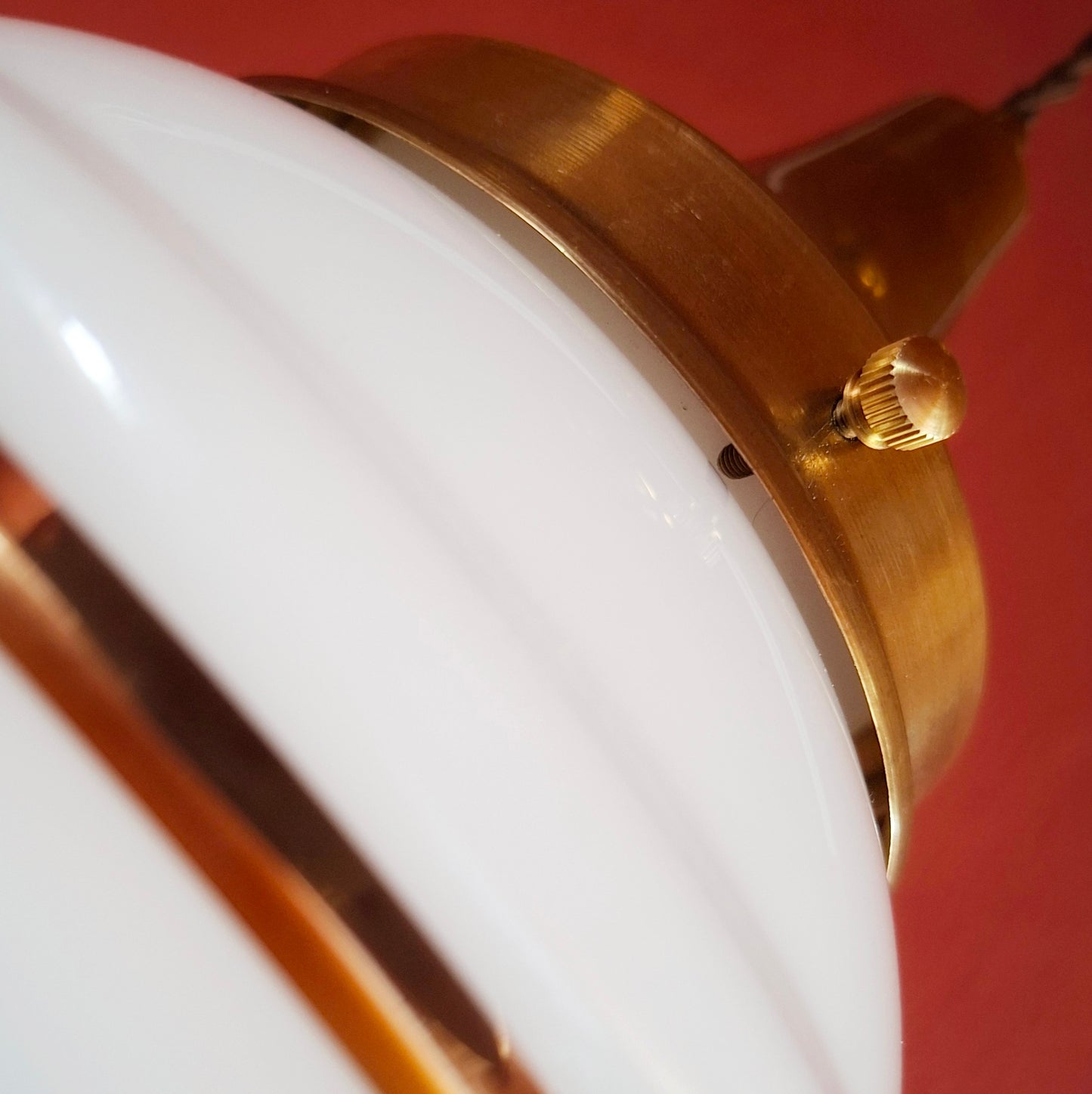 Mid Century Brass Pendant Ceiling Lights Gold Striped Opaline Glass Globes MULTIPLES AVAILABLE