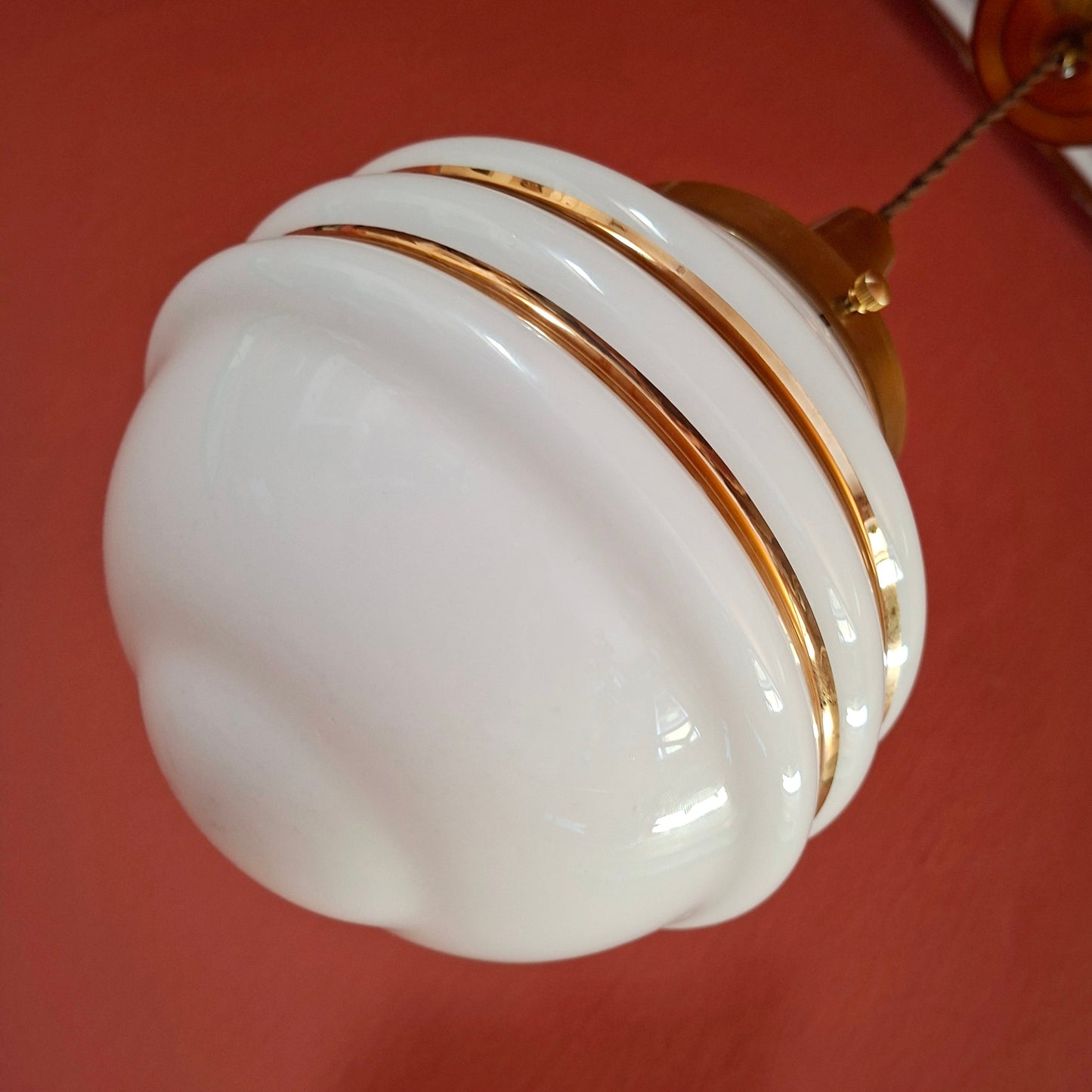 Mid Century Brass Pendant Ceiling Lights Gold Striped Opaline Glass Globes MULTIPLES AVAILABLE