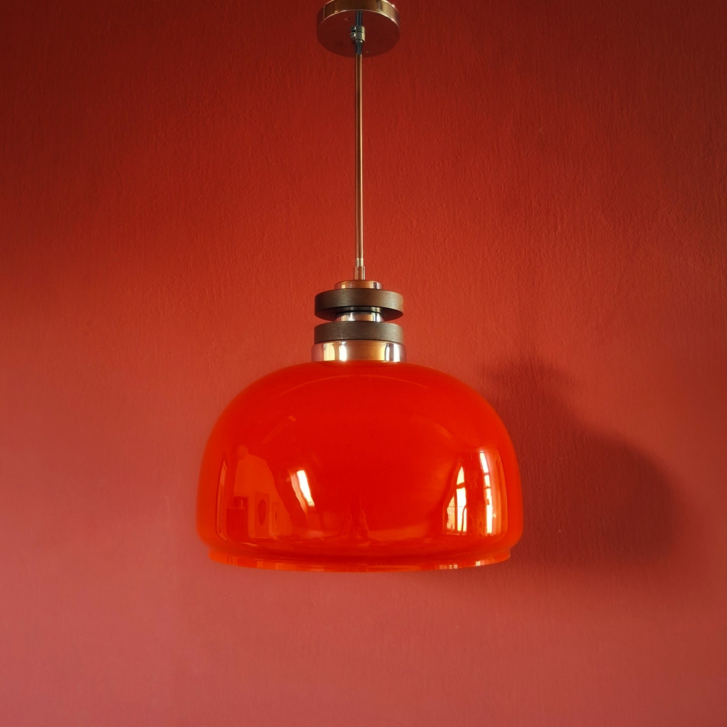 Large Red Opaline Glass Pendant Light with Chrome and Wood Fittings