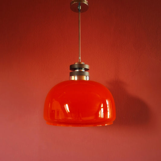 Large Red Opaline Glass Pendant Light with Chrome and Wood Fittings