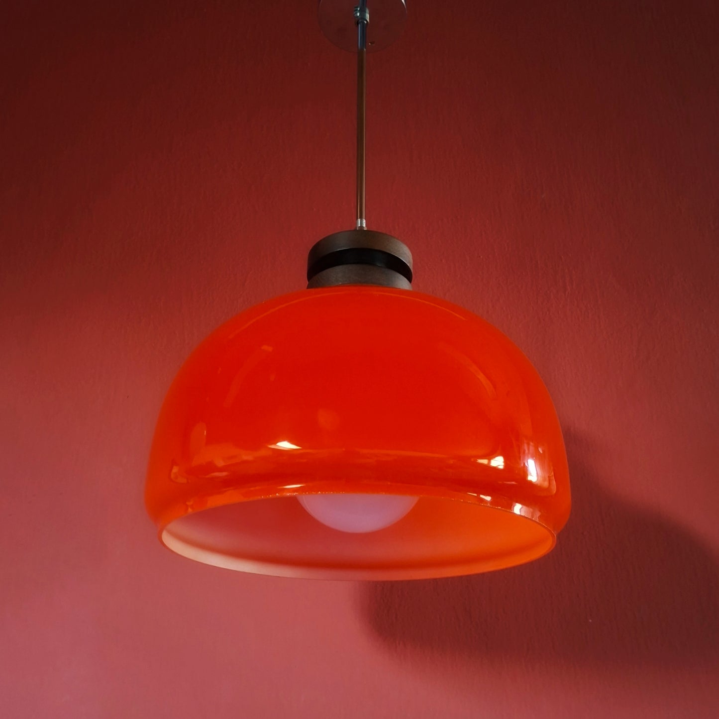 Large Red Opaline Glass Pendant Light with Chrome and Wood Fittings