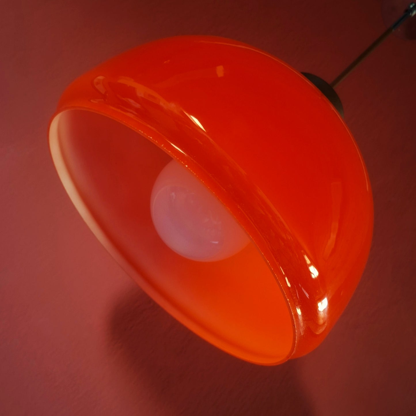 Large Red Opaline Glass Pendant Light with Chrome and Wood Fittings