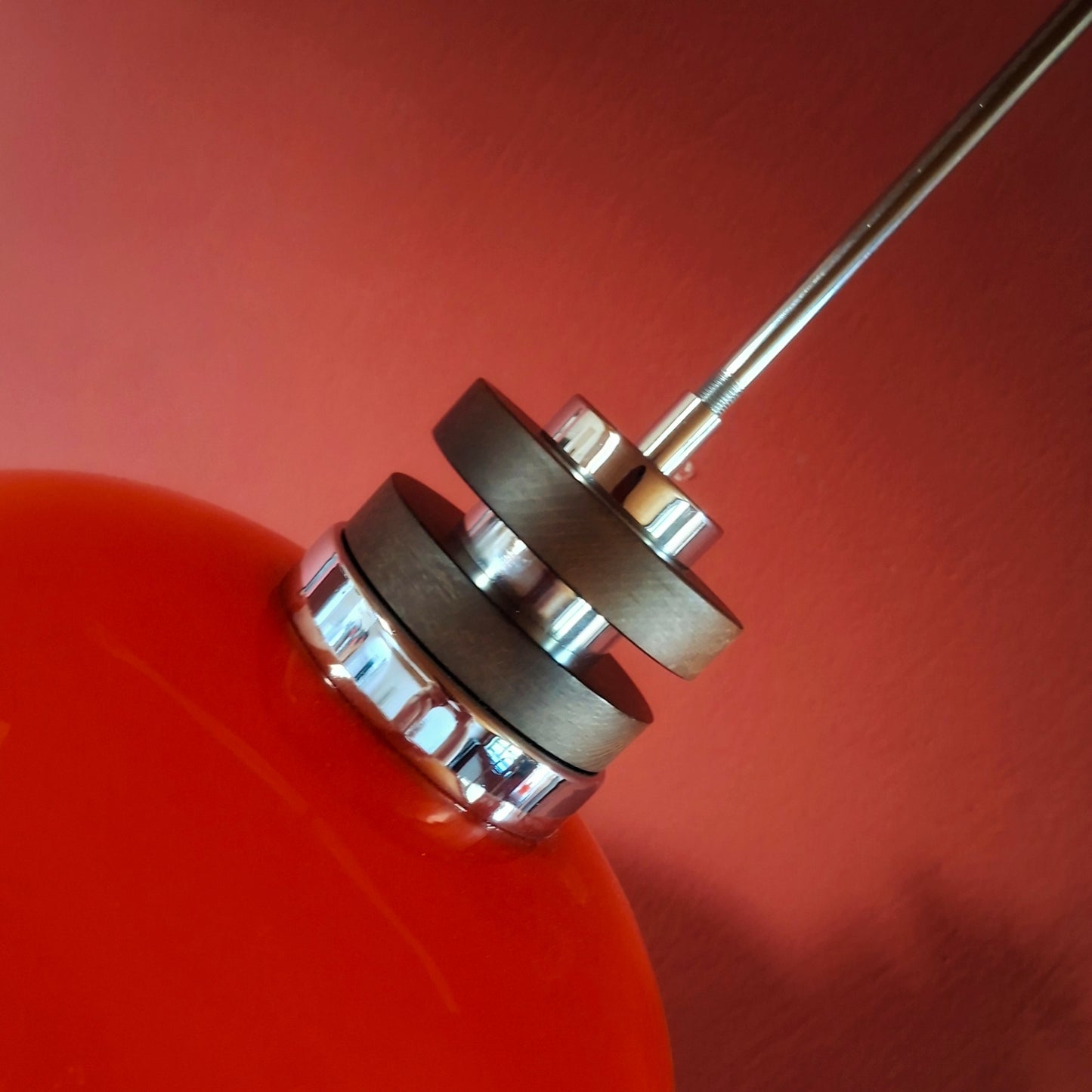 Large Red Opaline Glass Pendant Light with Chrome and Wood Fittings