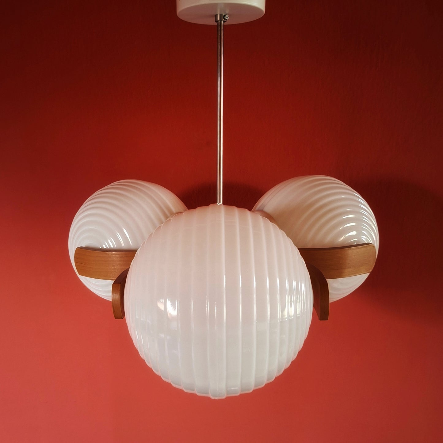 Large Sputnik Wood Pendant Ceiling Light with Opaline Milk Glass Globes