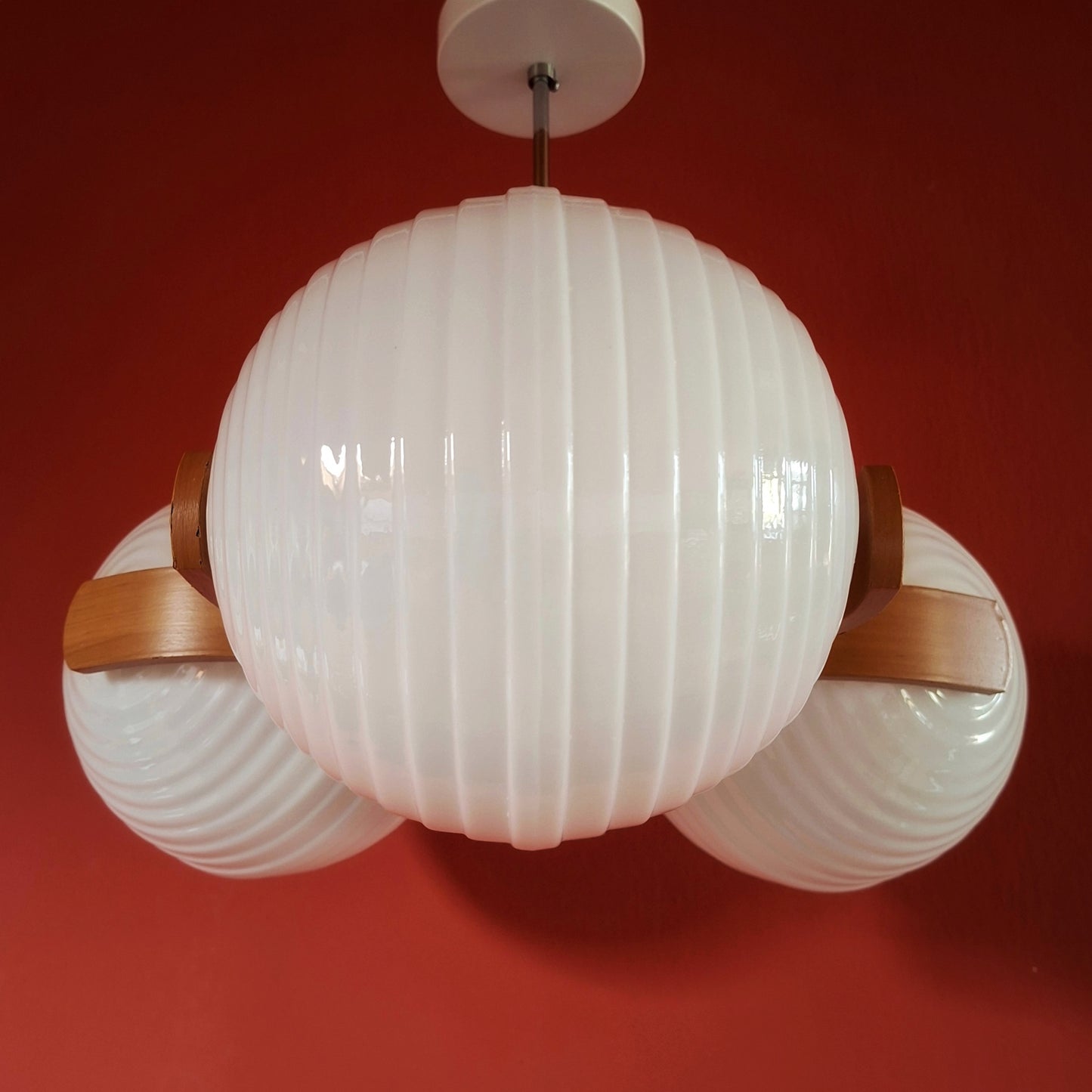 Large Sputnik Wood Pendant Ceiling Light with Opaline Milk Glass Globes