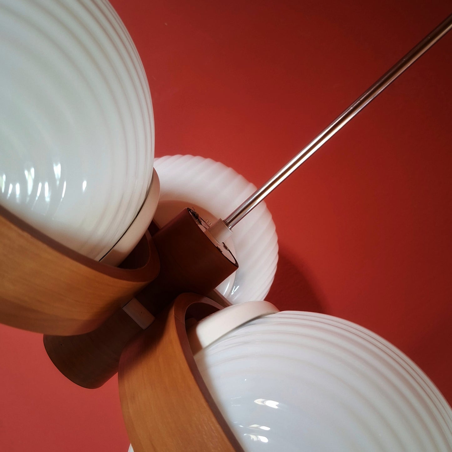 Large Sputnik Wood Pendant Ceiling Light with Opaline Milk Glass Globes
