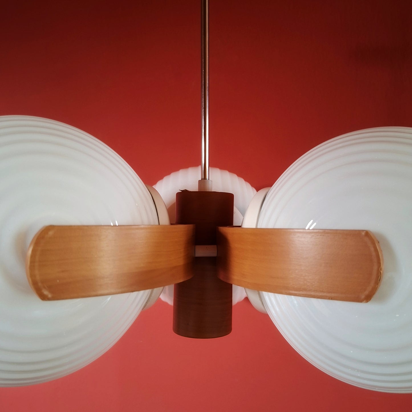 Large Sputnik Wood Pendant Ceiling Light with Opaline Milk Glass Globes
