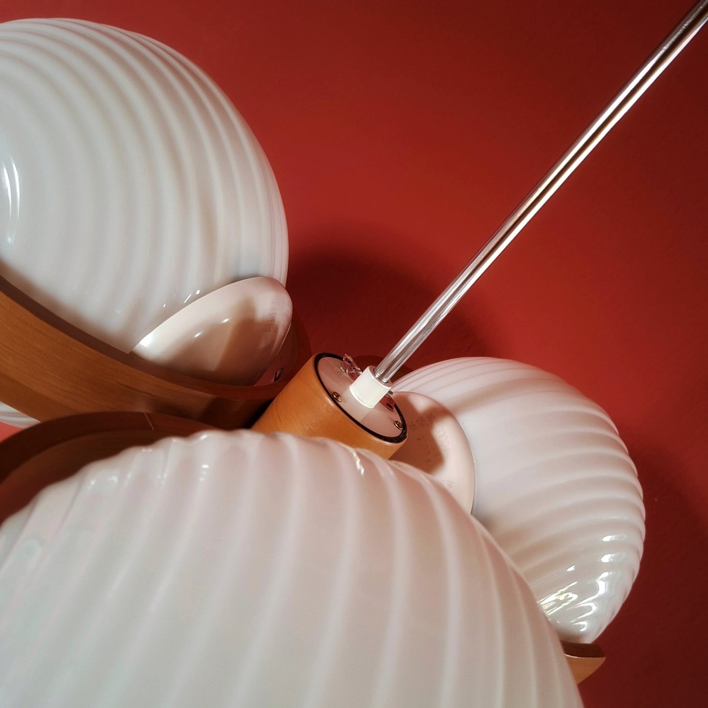 Large Sputnik Wood Pendant Ceiling Light with Opaline Milk Glass Globes