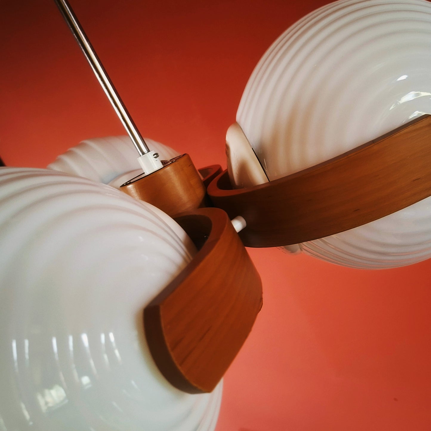Large Sputnik Wood Pendant Ceiling Light with Opaline Milk Glass Globes